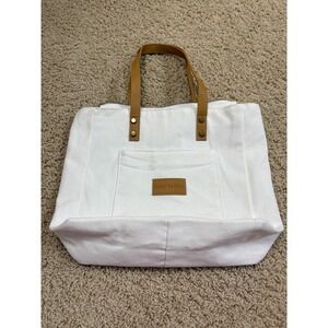 Cozy Earth White Canvas Tote Bag with Tan Leather Handles Top Zip Pocket